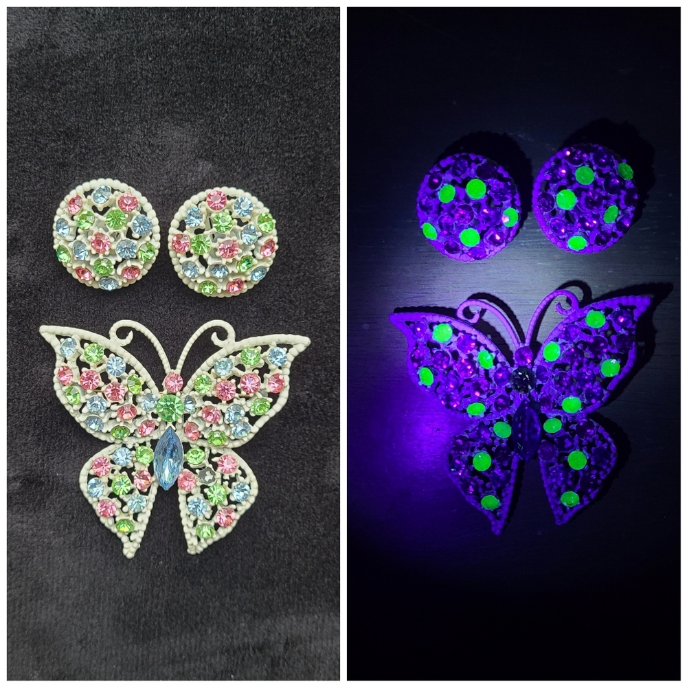Uranium Glass Enamel Butterfly Vintage Jewelry Set